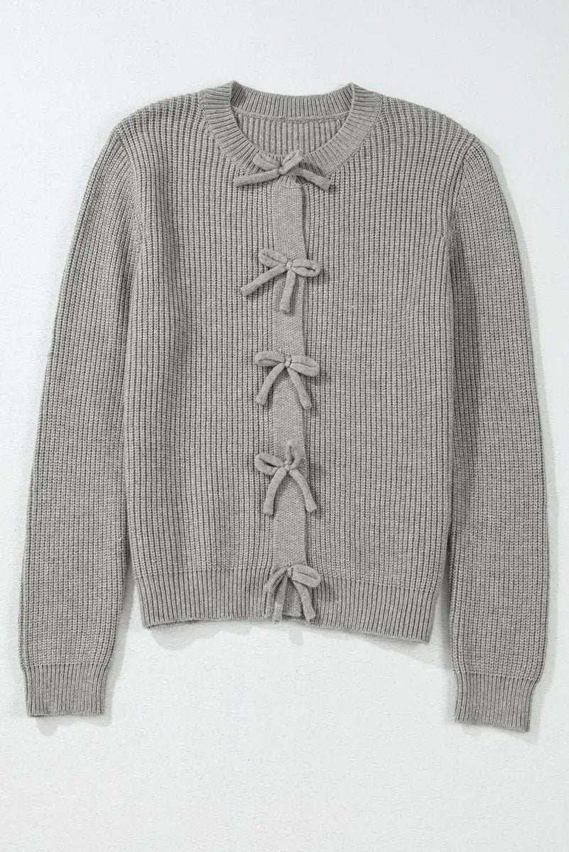 Philippine Gray Ribbed Knit Bow Front Buttoned Cardigan - Love Salve